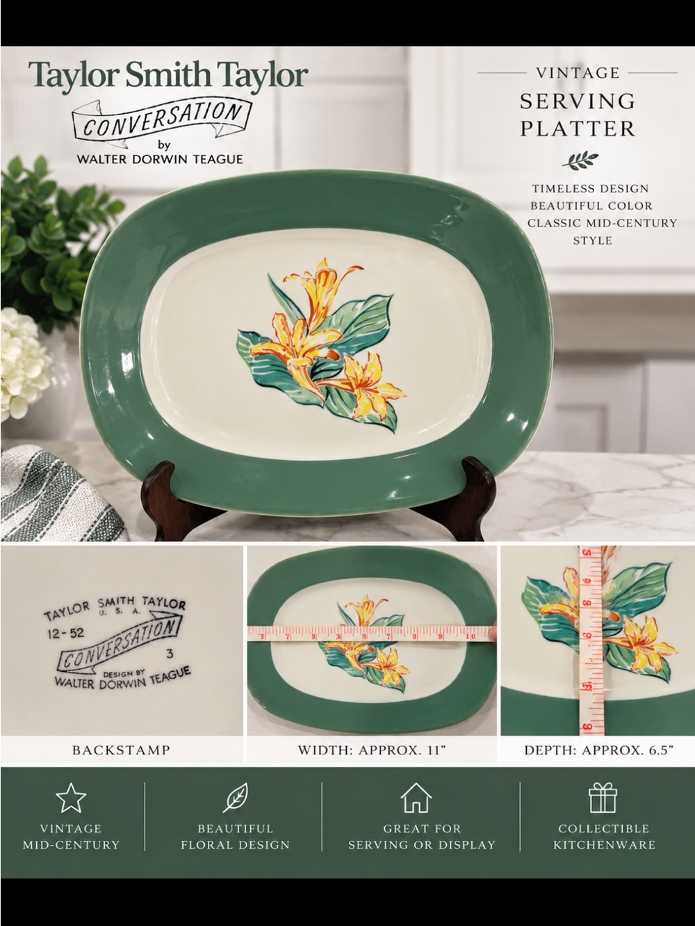 Taylor Smith Taylor Green & Cream Floral Serving Platter